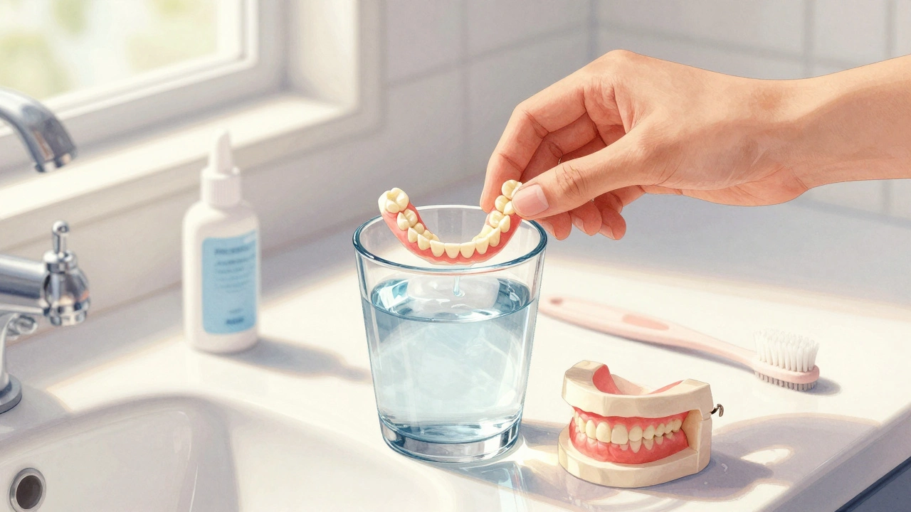 Ruka ukládá náhradní zuby do sklenice s vodou na koupelně, vedle jsou kartáček a čisticí gel.