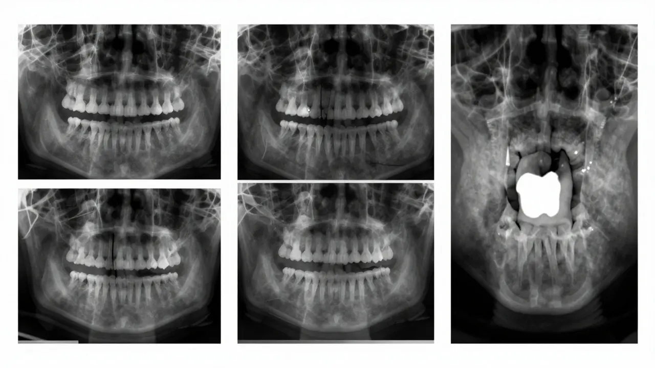 Sada digitálních rentgenových snímků s různými stádii karies a zubními plombami.