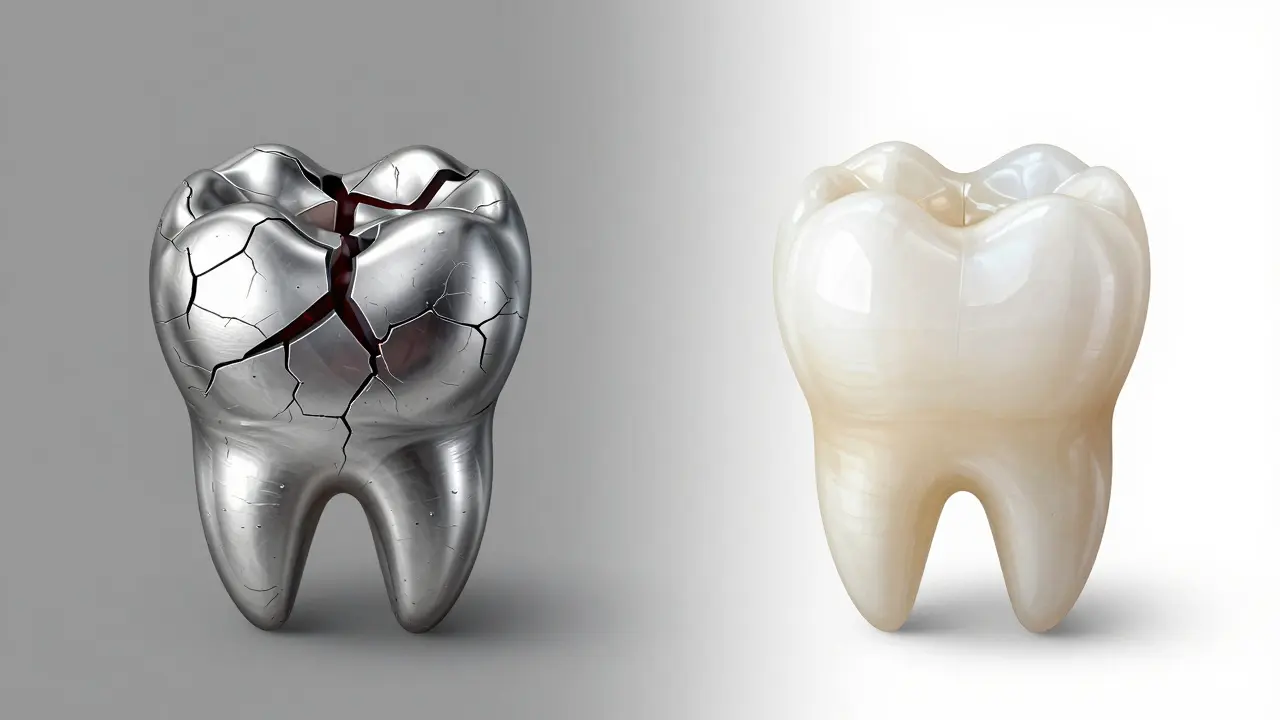 Side-by-side comparison of old silver filling with cracks and new white filling.