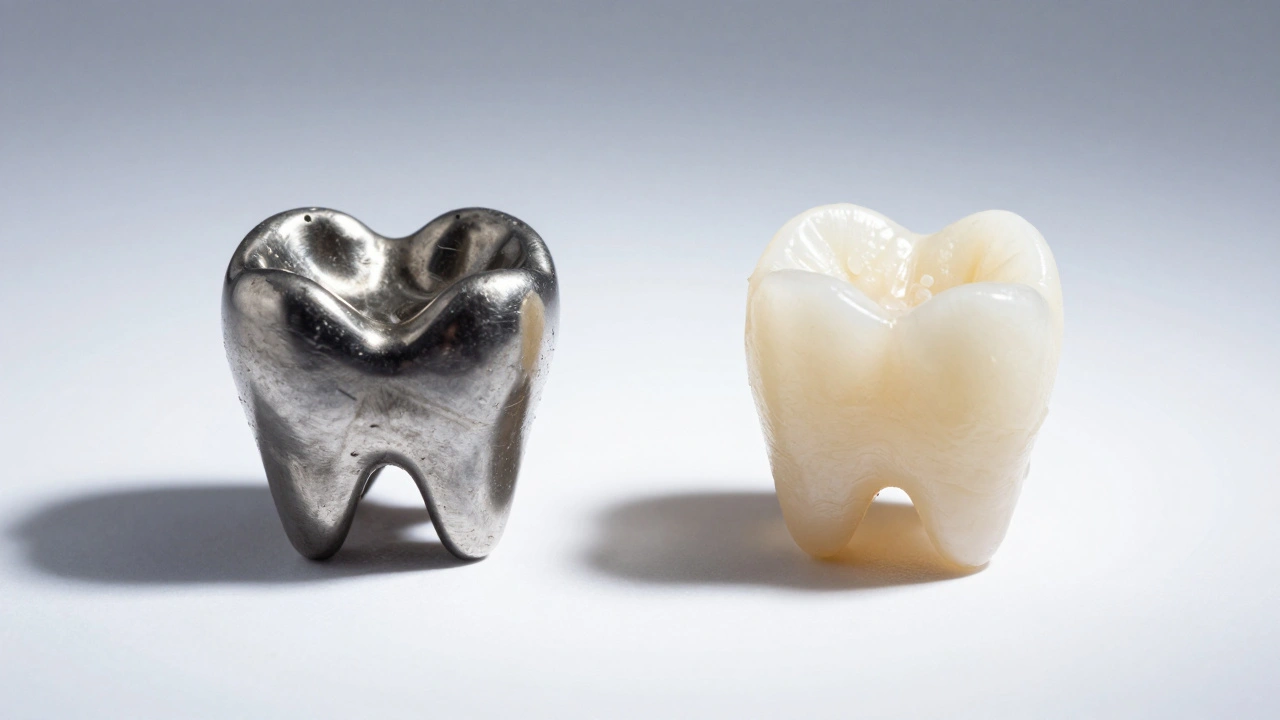 Stará kovová korunka vedle moderní keramické korunky na bílém pozadí.