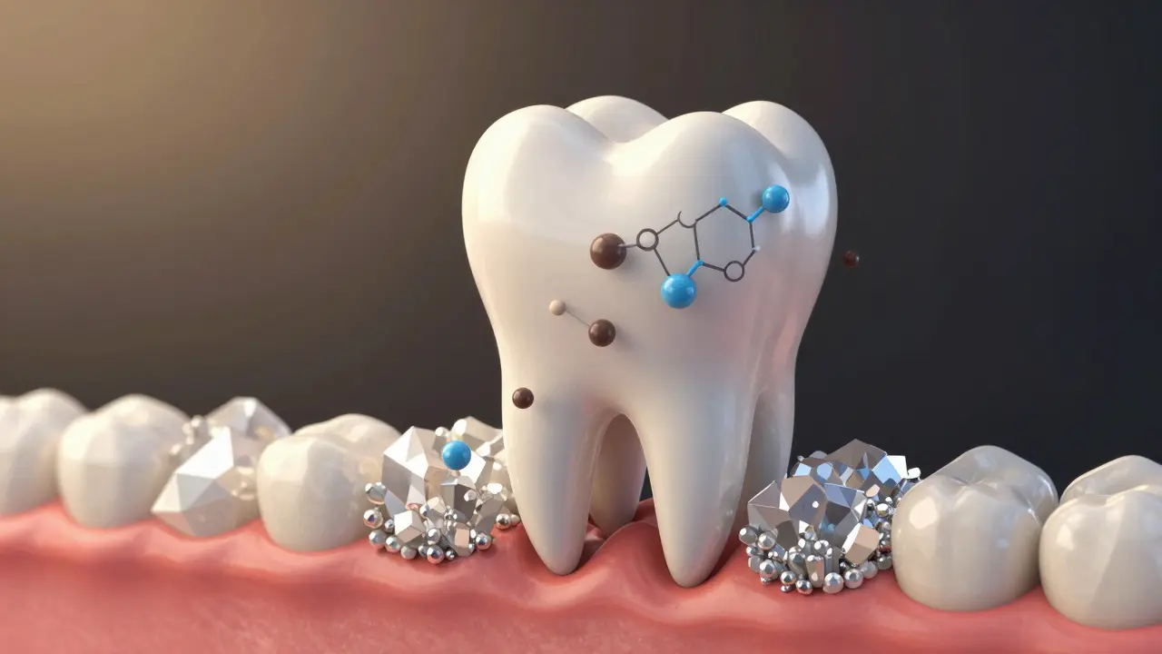Symbolický obrázek zubu, který se obnovuje po chemickém poškození.