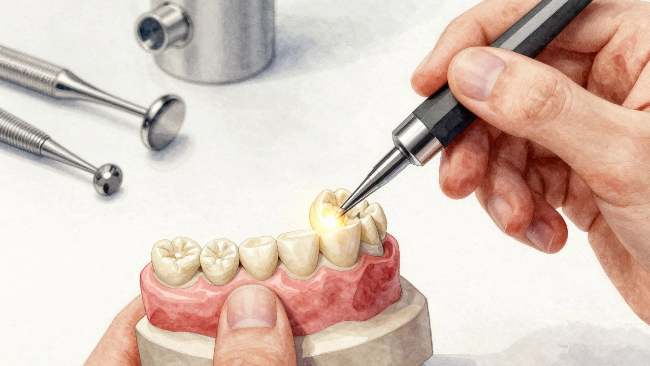 Technik v laboratoři vyrábí zirkoniovou korunku s přesnými nástroji.