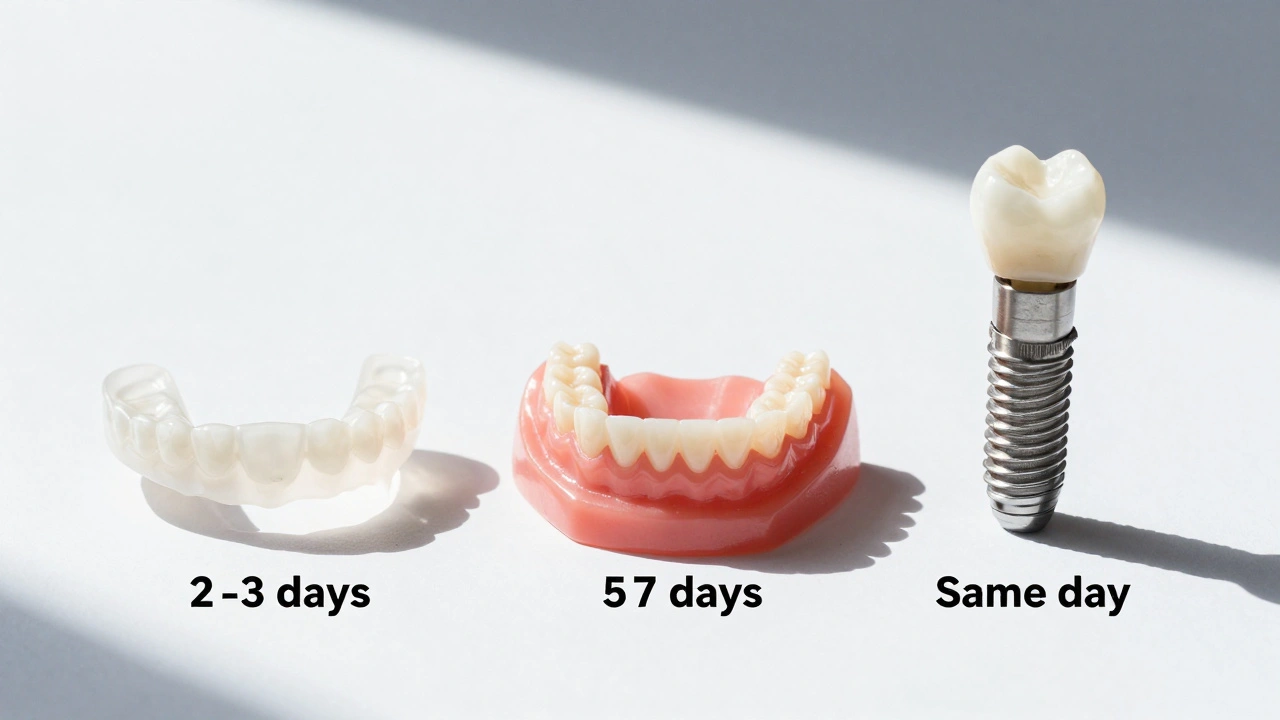 Three dental replacement options: temporary prosthesis, bridge, and permanent implant.