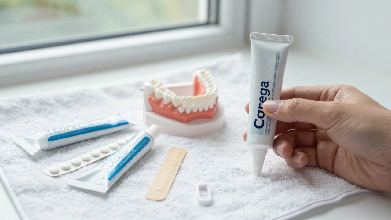 Tři formy Corega vedle protézy na čistém kousku látky.