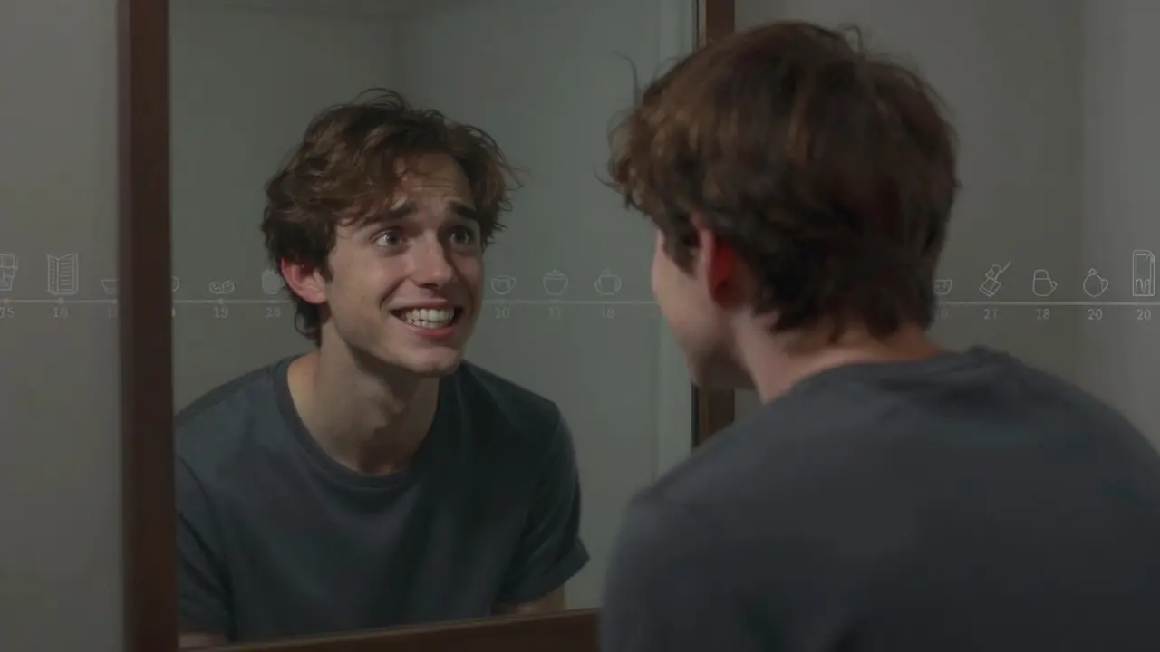 Young adult seeing reflection with fully grown wisdom teeth in mirror.