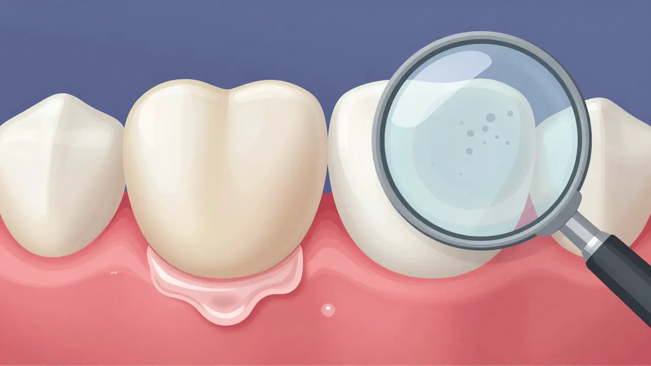Zub s přetékajícím gelem a zánětem dásně, zvětšený pod lupou.