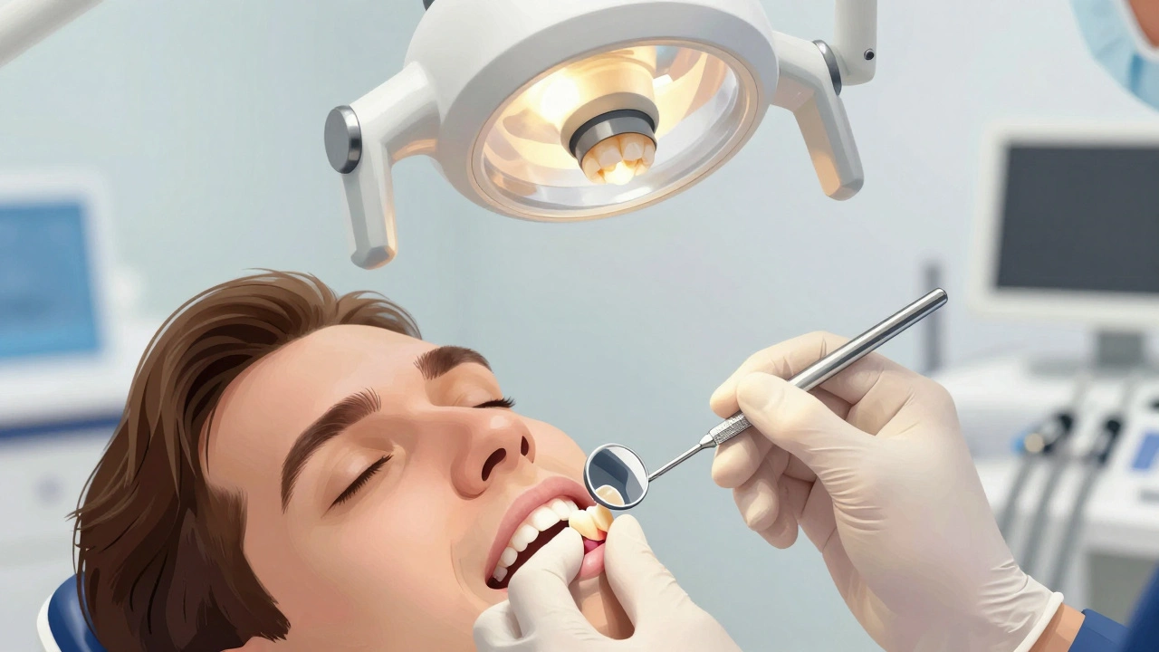 Zubní lékař opravuje ulomený přední zub kompozitní výplní.