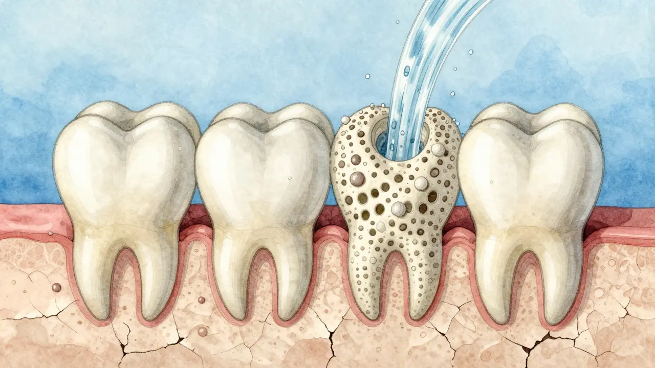 Zuby jako houbičky, které se obnovují proudy vody a minerály, znázorněno vodovými barvami.