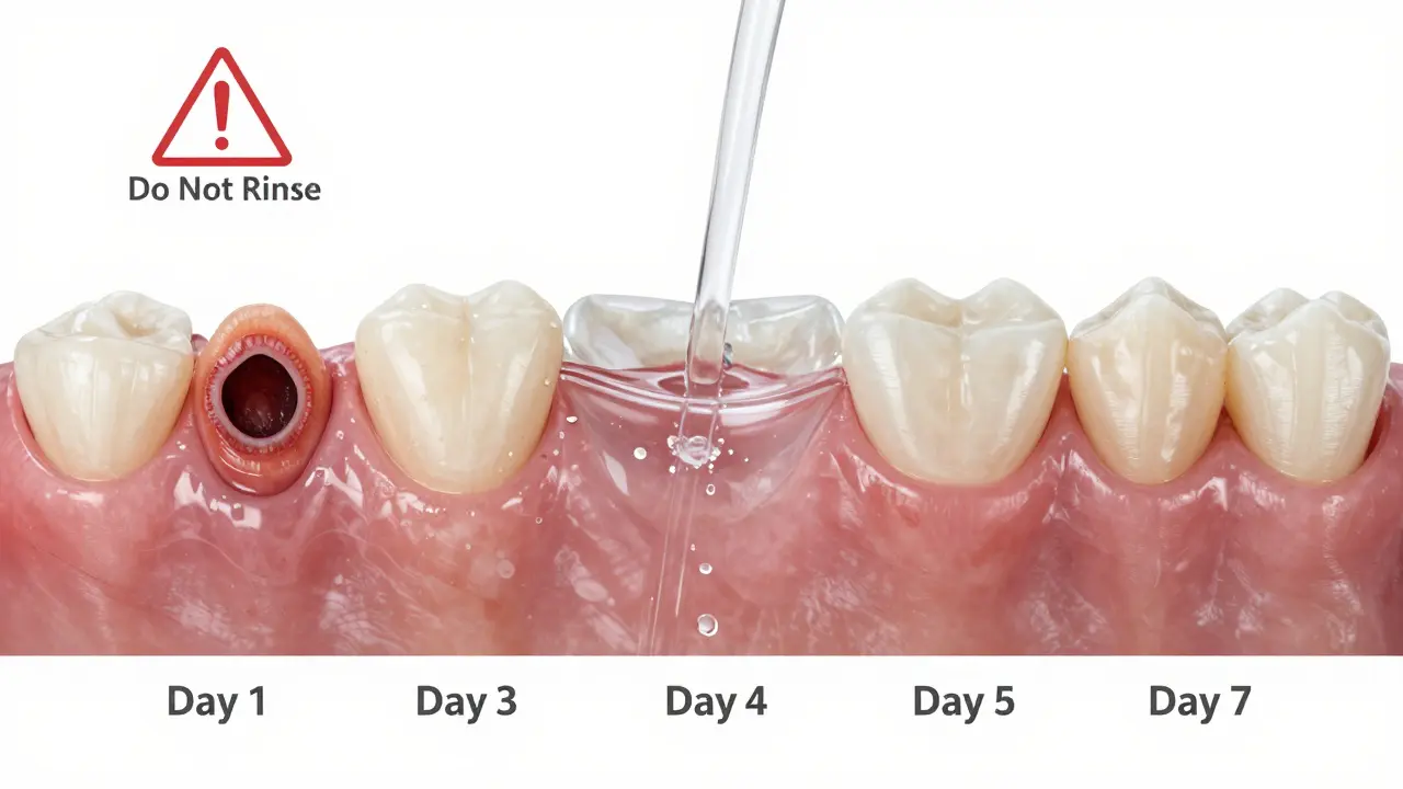 Časová osa hojení po vytržení zubu: od rány přes plácaní k úplnému hojení s implantátem.