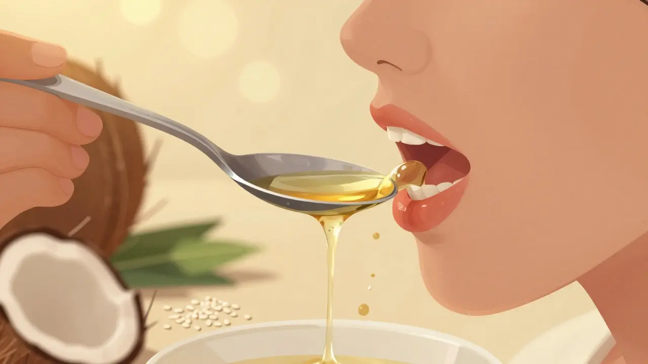 Člověk provádí olejové vyplachování kokosovým olejem v ústech.