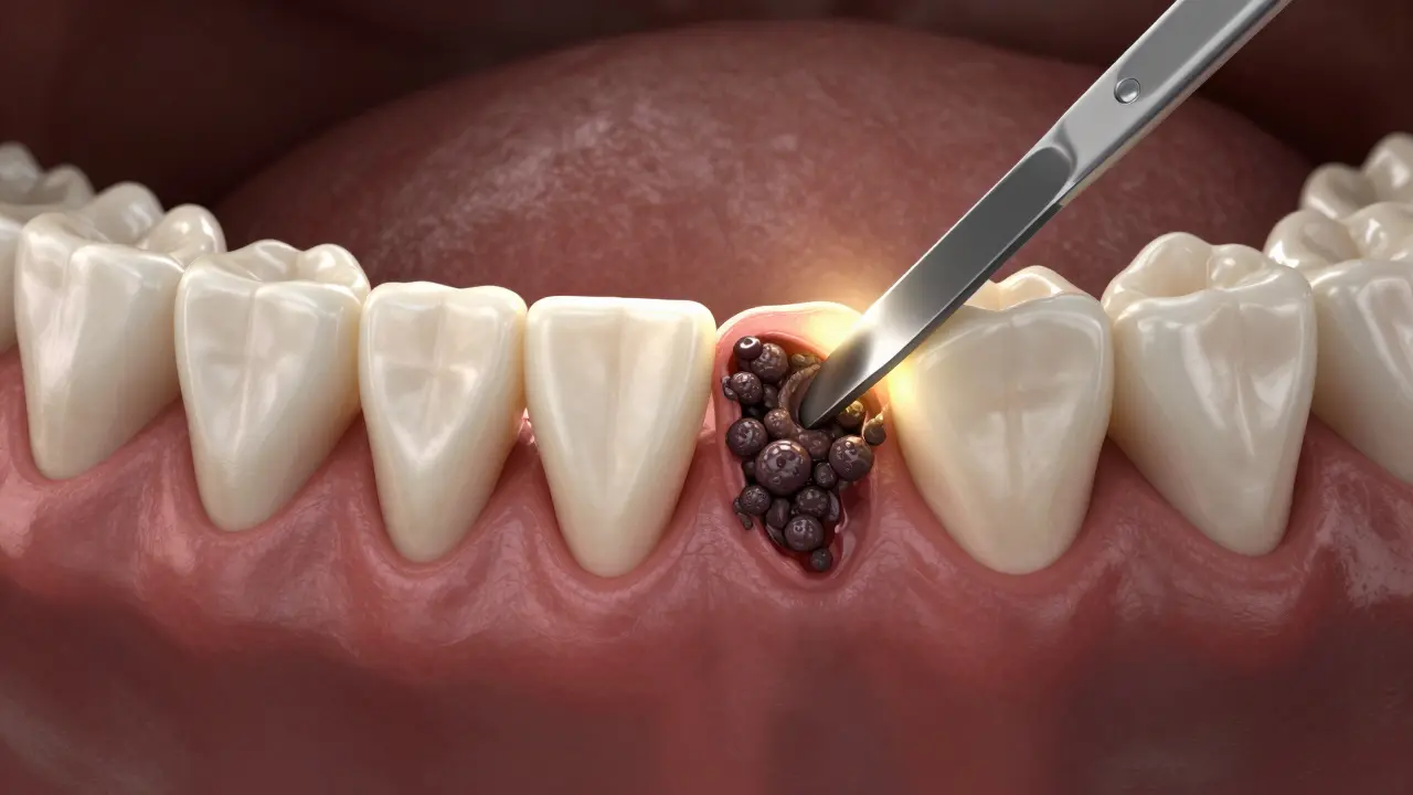 Cross-section of jawbone showing infected periodontal pockets being cleaned and healing.