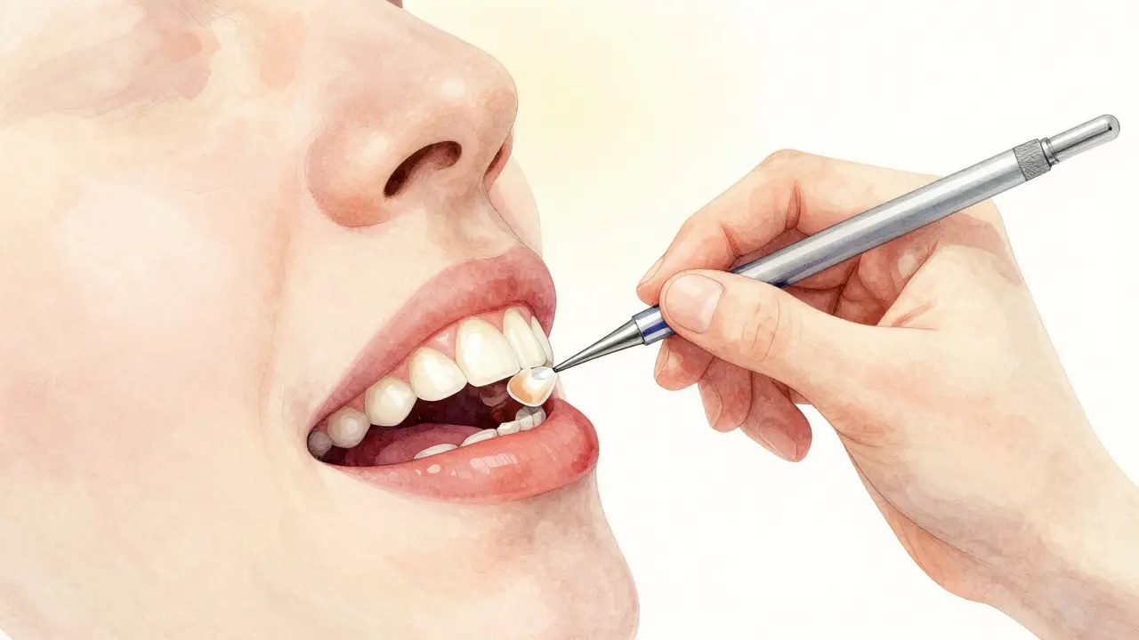 Dentista připevňuje tenkou keramickou vložku na přední zub s přirozeným leskem.