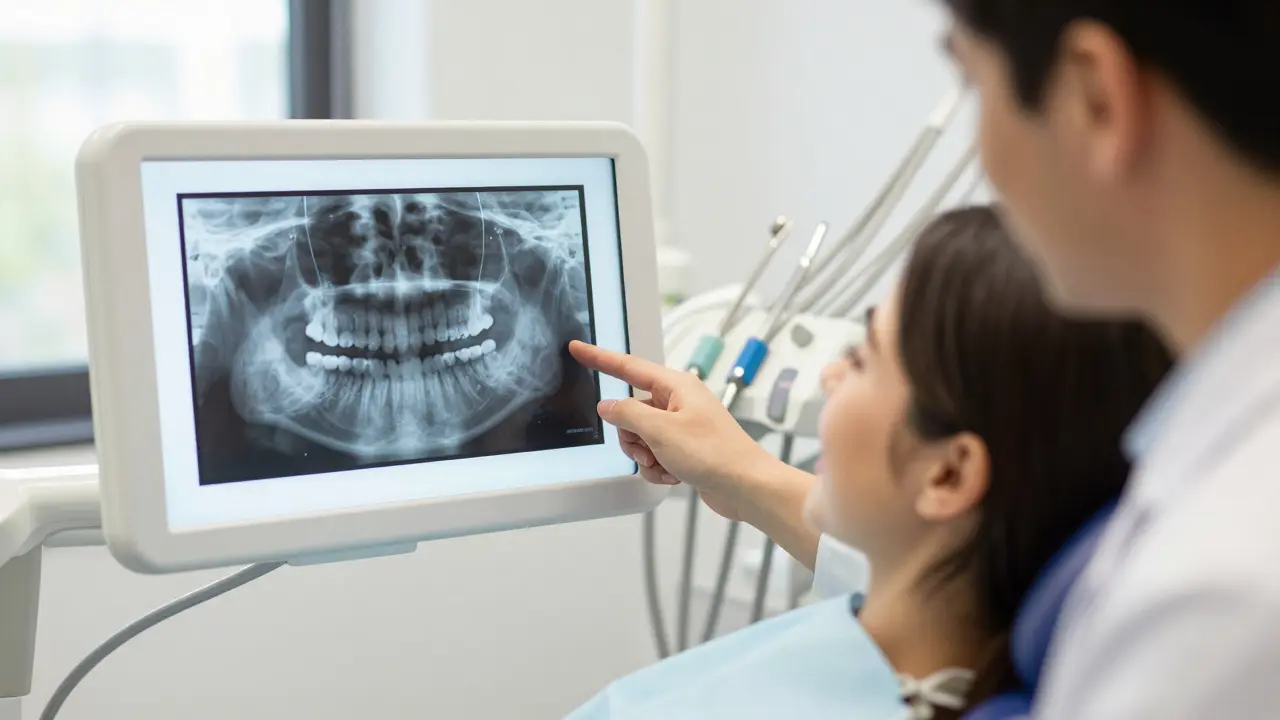 Dentista ukazuje na rentgenový snímek s čísly zubů 16 a 37, pacient v křesle.