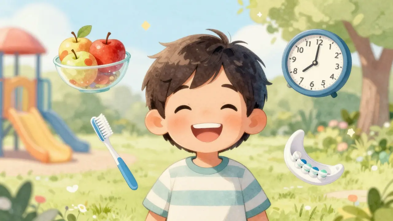 Dítě se usmívá, kolem něj plavou symboly zdraví: kartáček, ovoce a ortodontický přístroj.