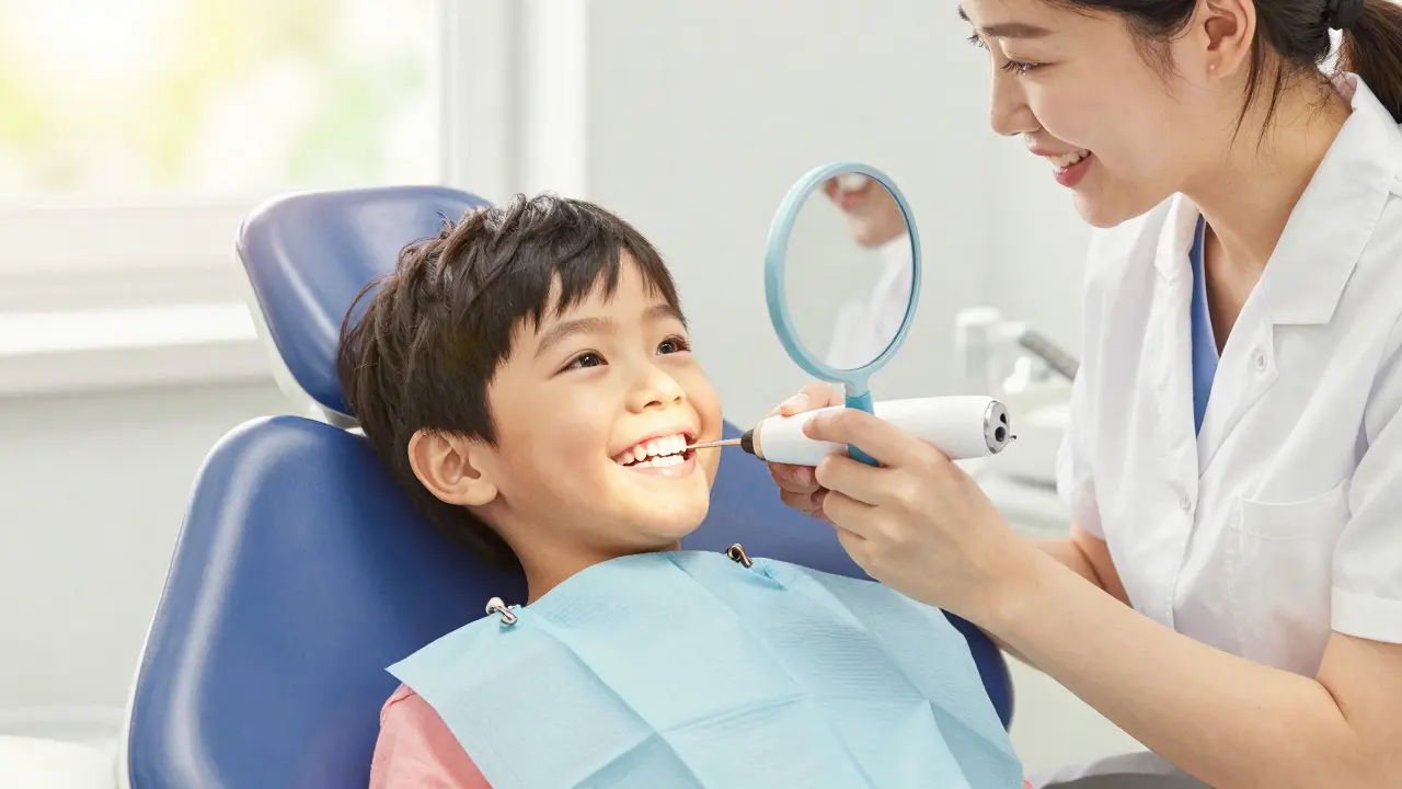 Dítě se usmívá po pískování zubů, vidí čisté zuby ve zrcátku.