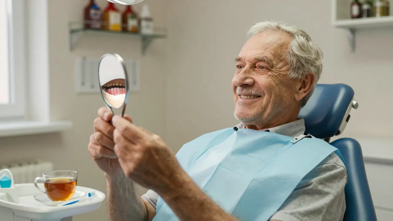Elderly man smiling after periodontal treatment, holding a mirror to see his healthy gums.