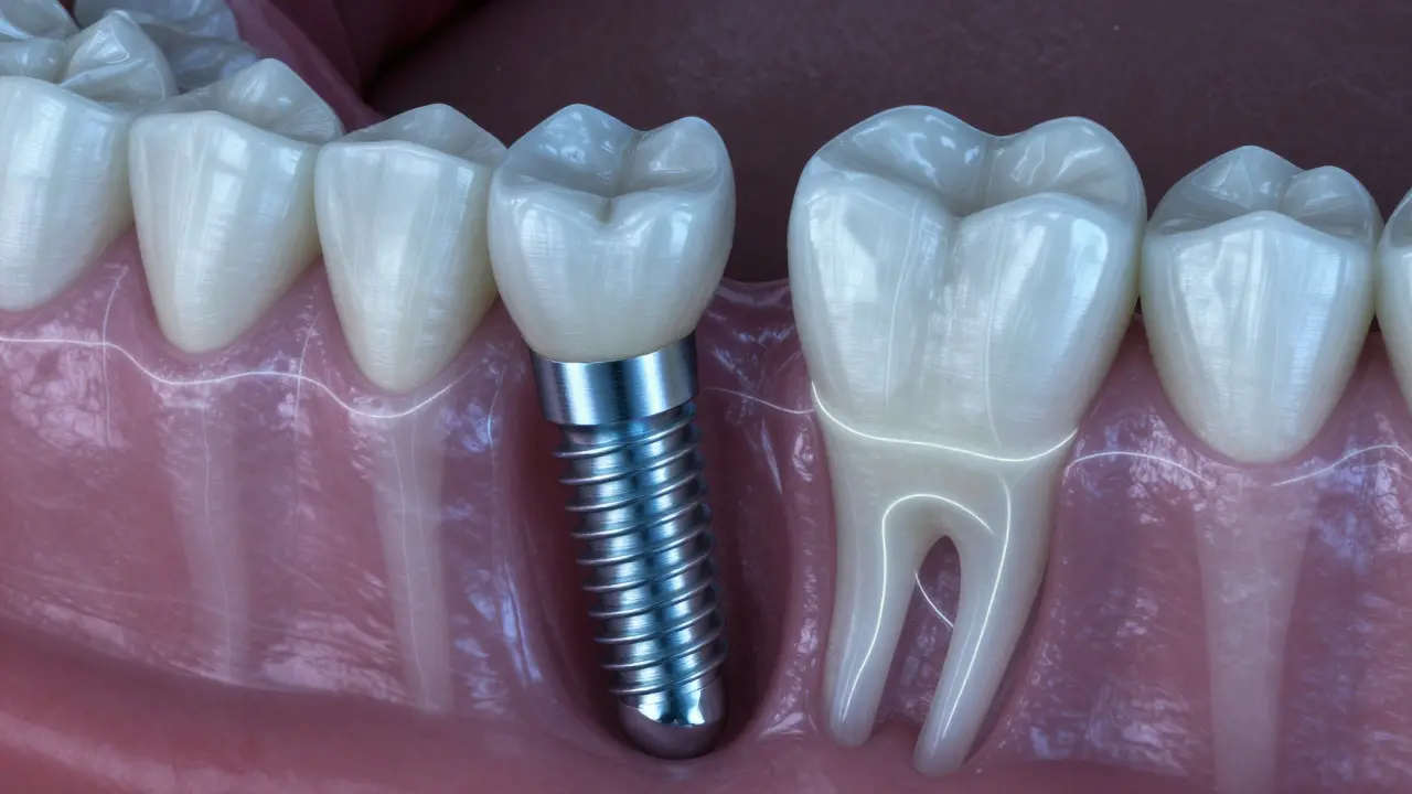 Implantát se integruje do čelistní kosti pod keramickou korunkou.
