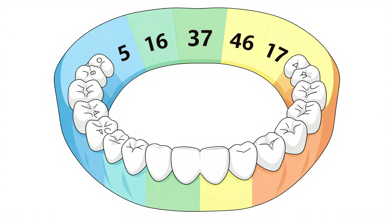 Kruhový diagram zubů s čísly 11–48 podle FDI systému, barevně rozlišené kvadranty.