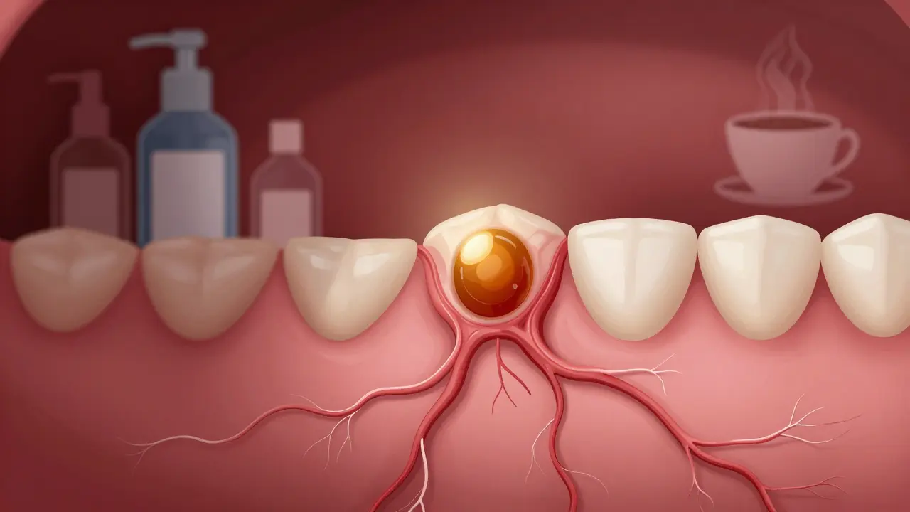 Léčivá krevní sraženina v jamce zubu, okolo ní nové tkáně, s nebezpečnými látkami v pozadí.