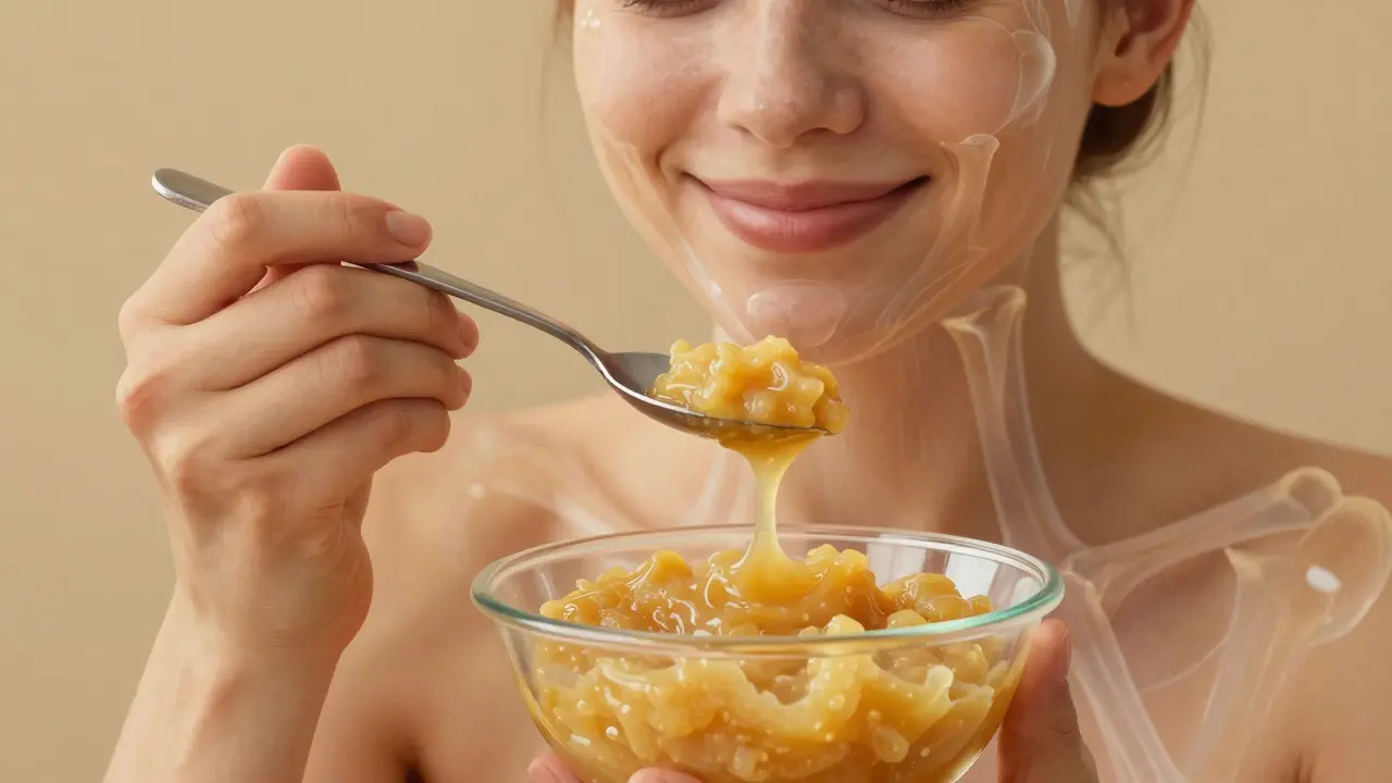 Lžíce s měkkou potravinou a průhledné kontury kostí obličeje v pozadí.