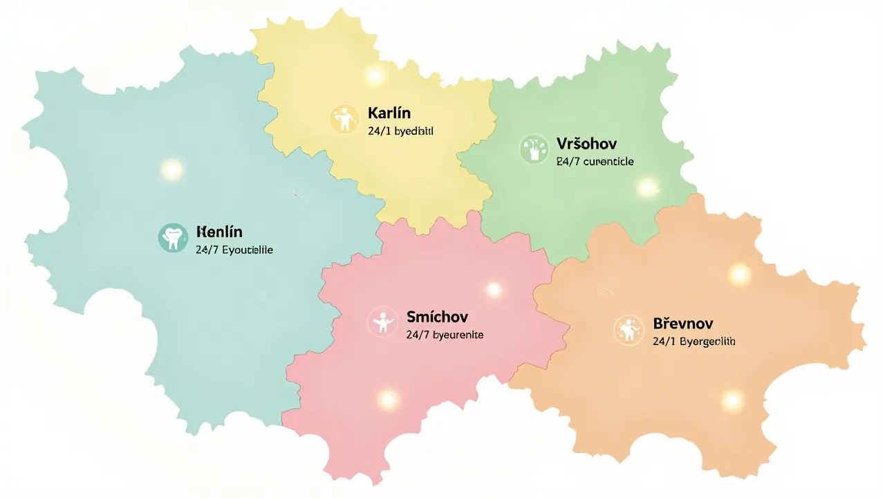 Mapa Prahy s označenými čtyřmi zubními pohotovostmi podle oblastí.