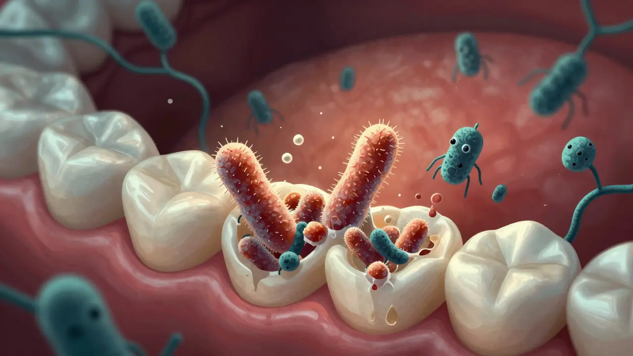 Mikroskopický pohled na bakteriální biofilm ničící sklovinu zubu a zánět dásní.