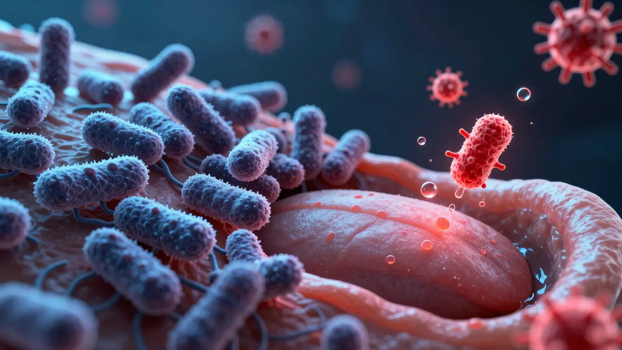 Mikroskopický pohled na bakterie na jazyce a jejich odstranění čištěním.