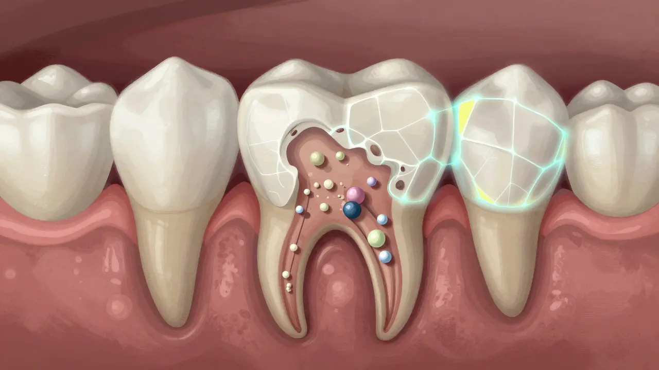Mikroskopický pohled na uzavírání zubních kanálků aktivními látkami.