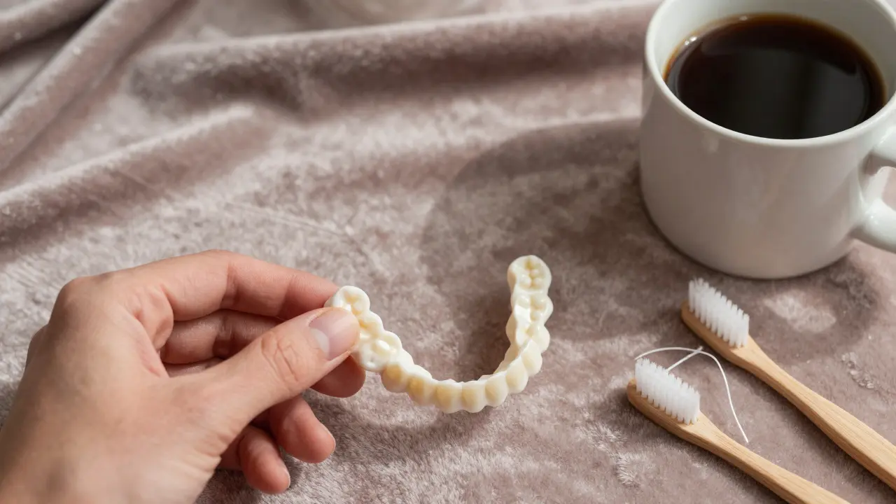 Noční štít a keramické veneery na hedvábné látně s ústní hygienou.