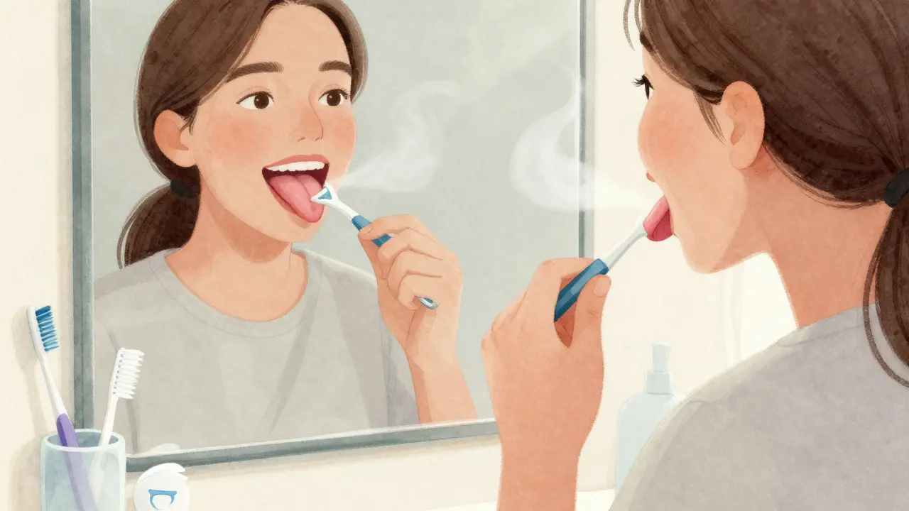 Osoba se dívá do zrcadla a čistí jazyk, s představou čerstvého dechu jako jemného mlhy.