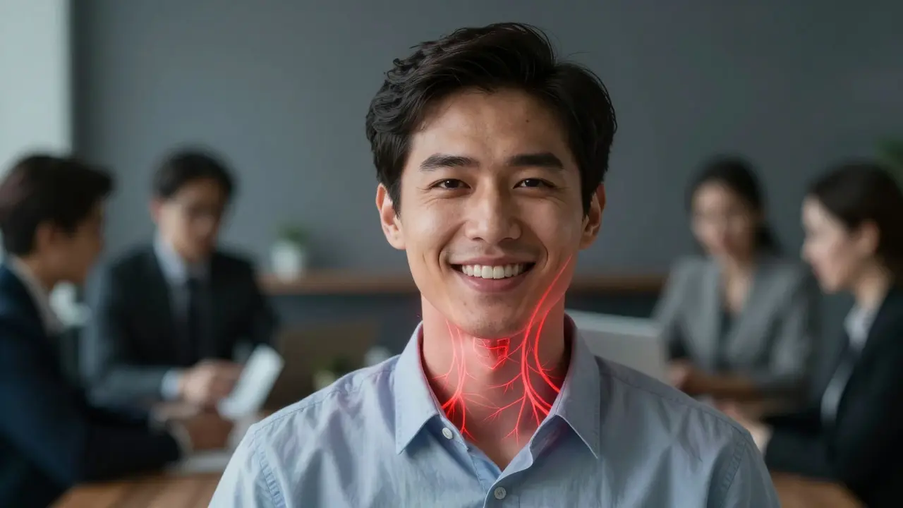 Osoba se usmívá na práci, zatímco skryté nervy kolem předních zubů září červeně.