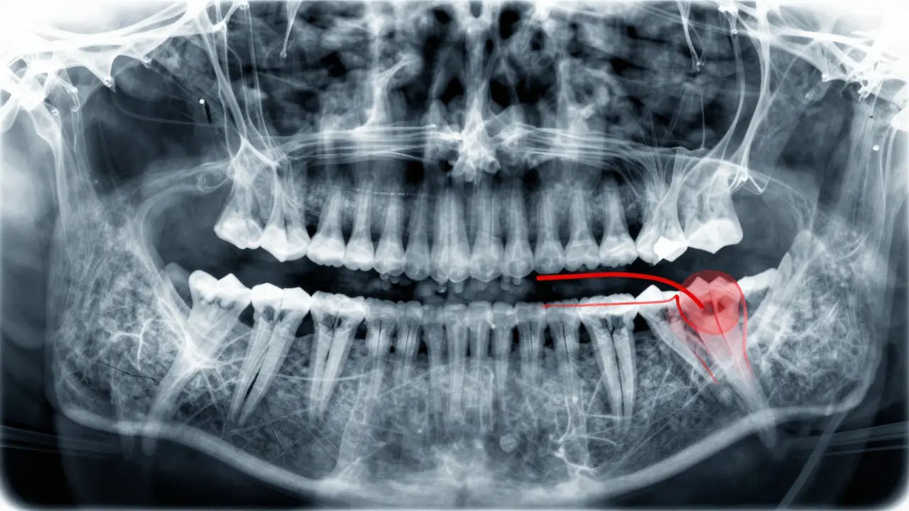 Panoramatický rentgen ukazuje zastíněné moudraky tlačící na sousední zub.