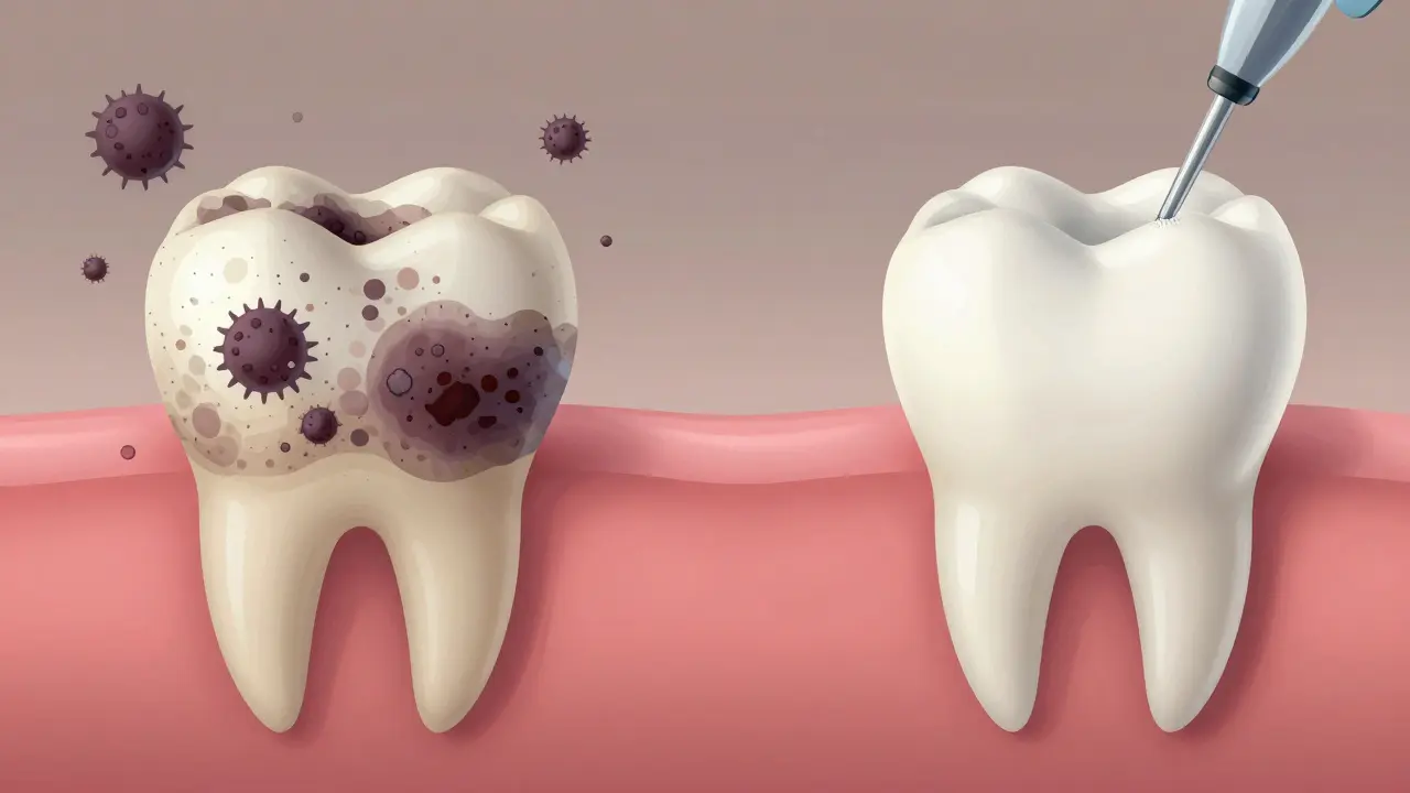 Porovnání zubu s plakem a kamenem a po čištění – čistý a zdravý povrch.