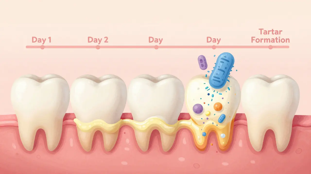 Přehledná ilustrace vývoje zubního plaku v zubní kámen s minerály a bakteriemi.