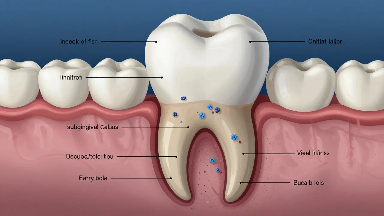 Příčný řez zubním kořenem s kamenem a ztrátou kosti kolem něj.