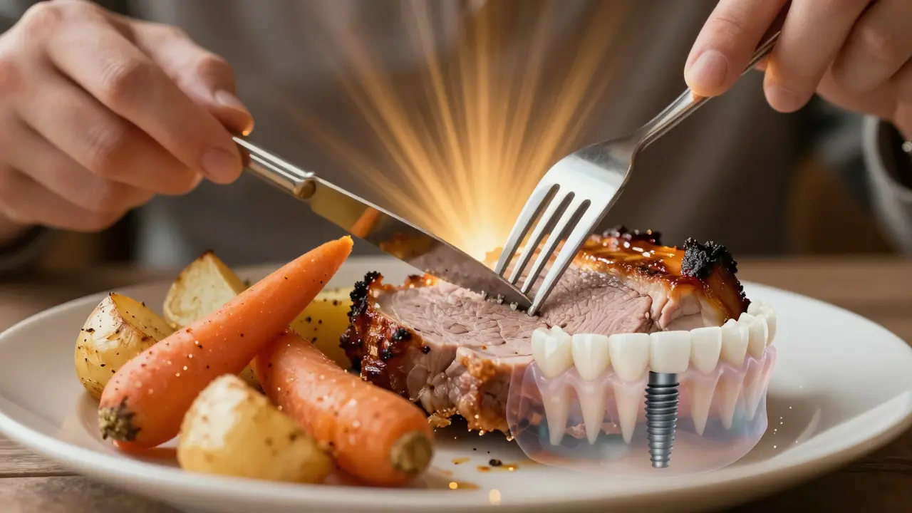 Příjemná večeře s pečenou vepřovou plecí a zeleninou, symbolizující obnovu žvýkací schopnosti.