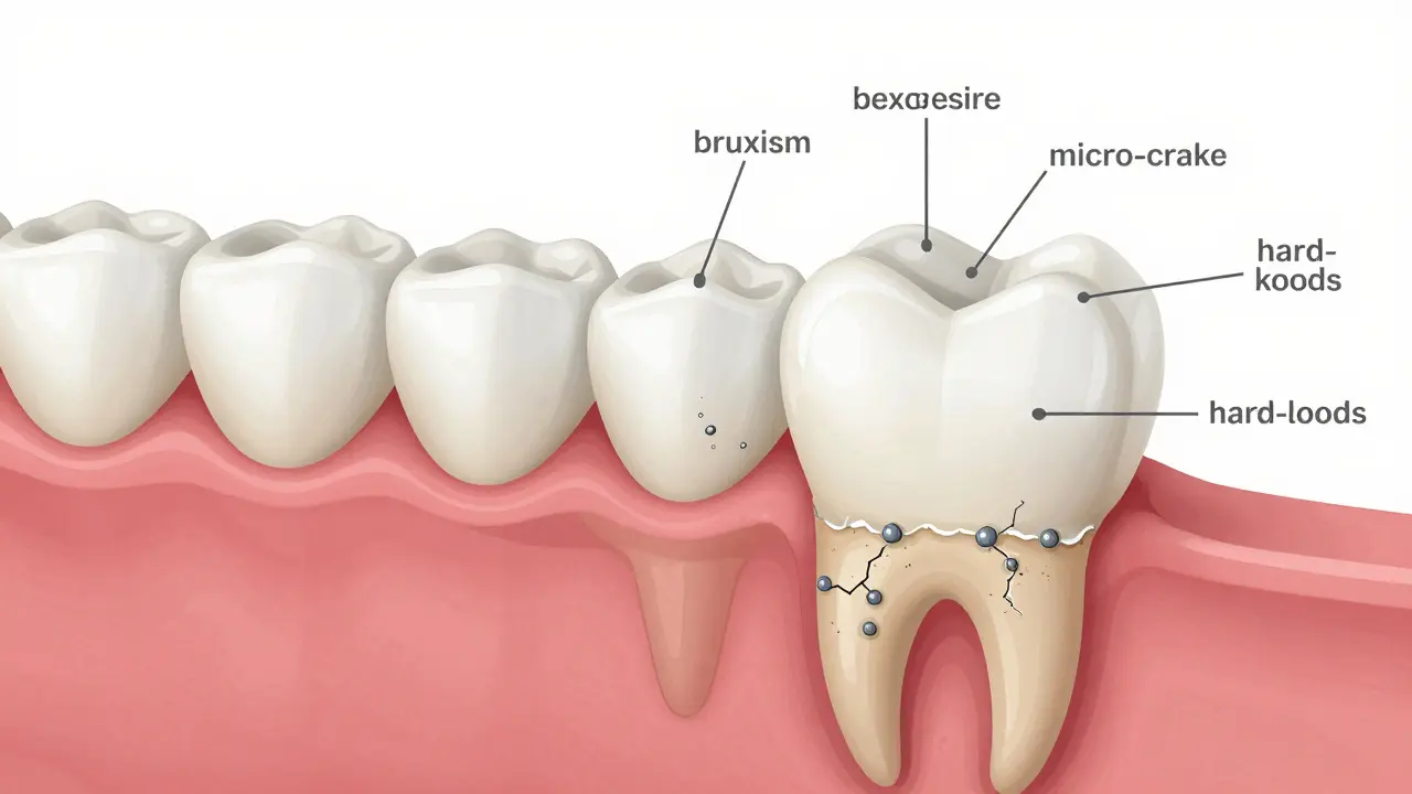 Průřez zubu s veneerou a hromaděním plaku u dásně.
