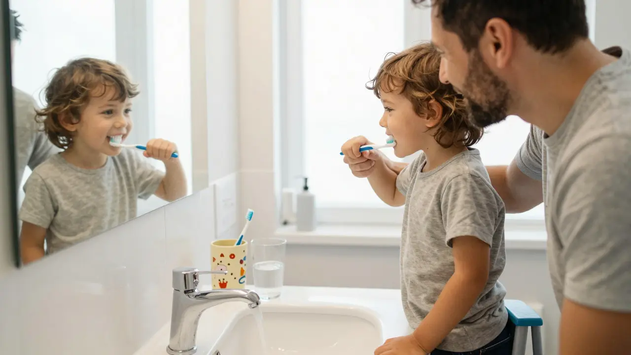 Rodič a dítě společně čistí zuby u umyvadla, dítě stojí na podstavci, oba se usmívají.