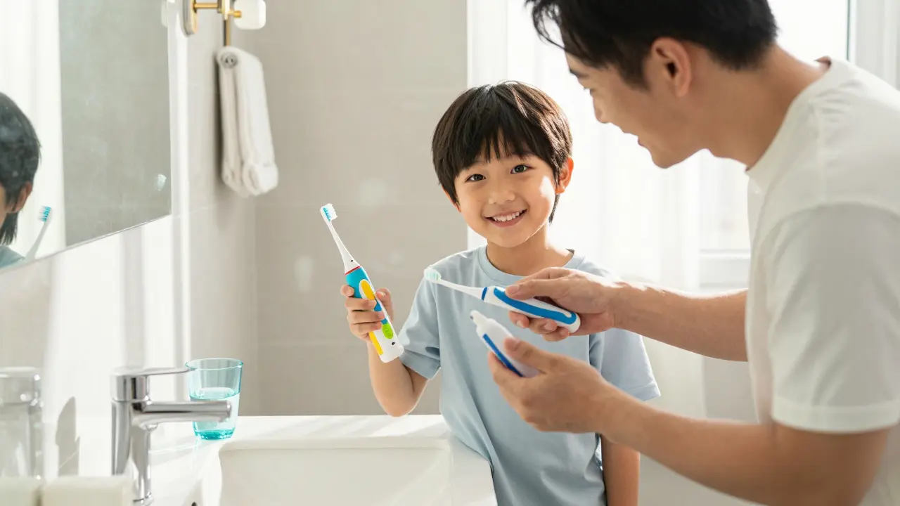 Rodič ukazuje dítěti, jak používat ultrazvukový čistič zubů, oba se smějí, v pozadí moderní koupelna.