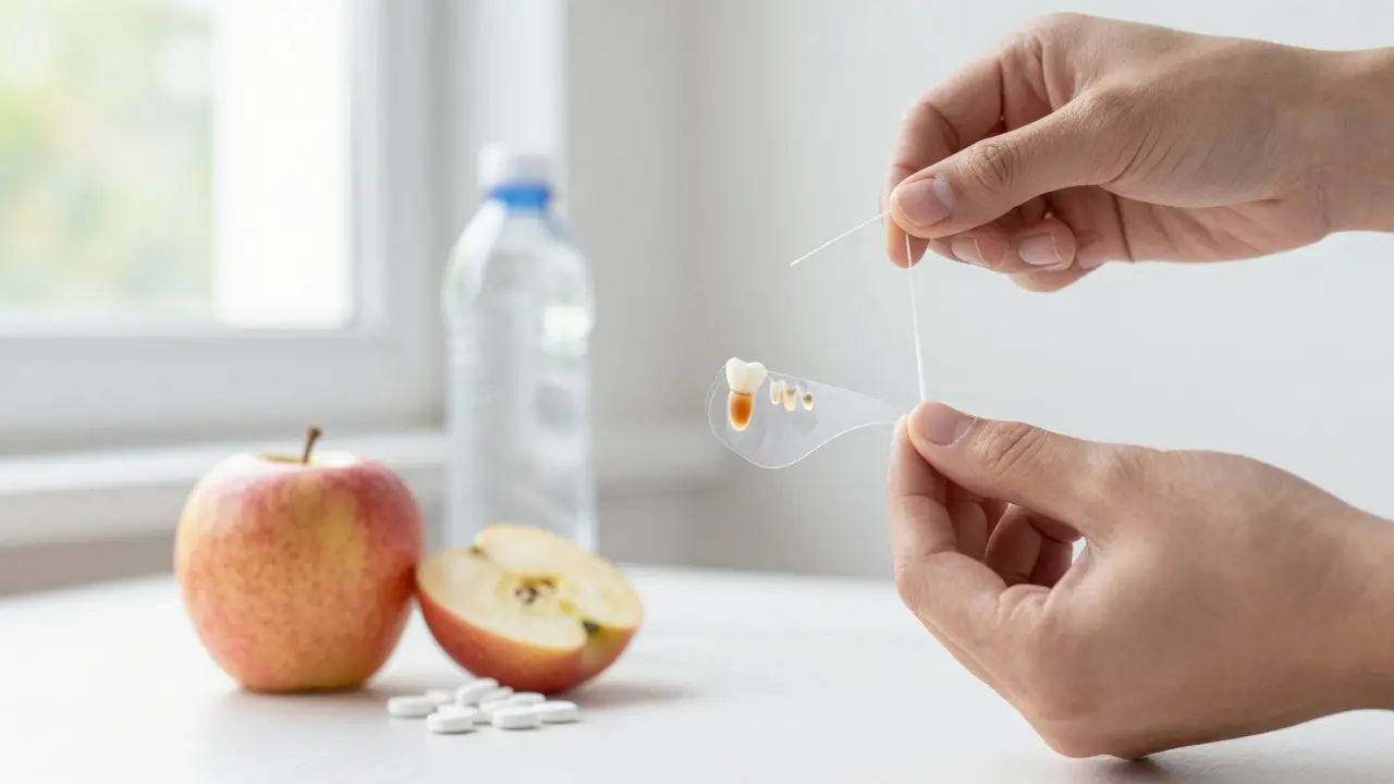Ruka používá zubní nit, plak se rozpouští, vedle jsou zdravé potraviny a voda.