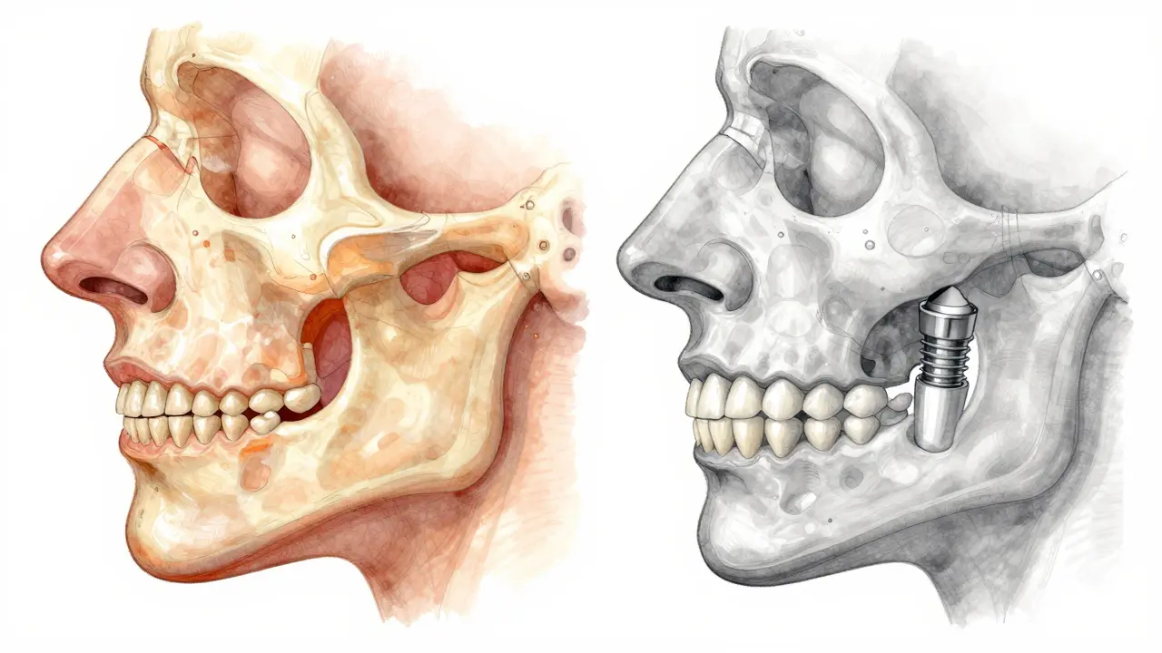 Srovnání zdravé čelisti s implantátem a čelisti s resorpcí kosti po ztrátě zubu.