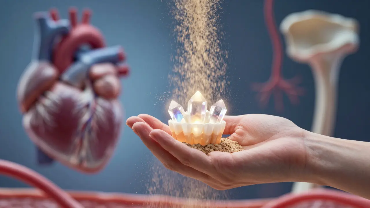Symbolický obraz zubního kamene rozkládajícího se na částice, spojený s tělními systémy.