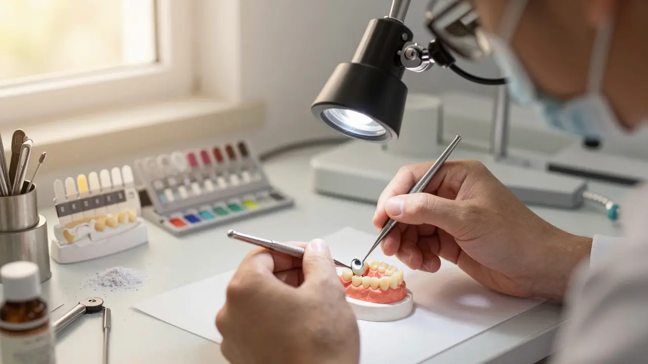 Technik v zubní laboratoři ručně upravuje keramickou korunku pod lůžkovým osvětlením.