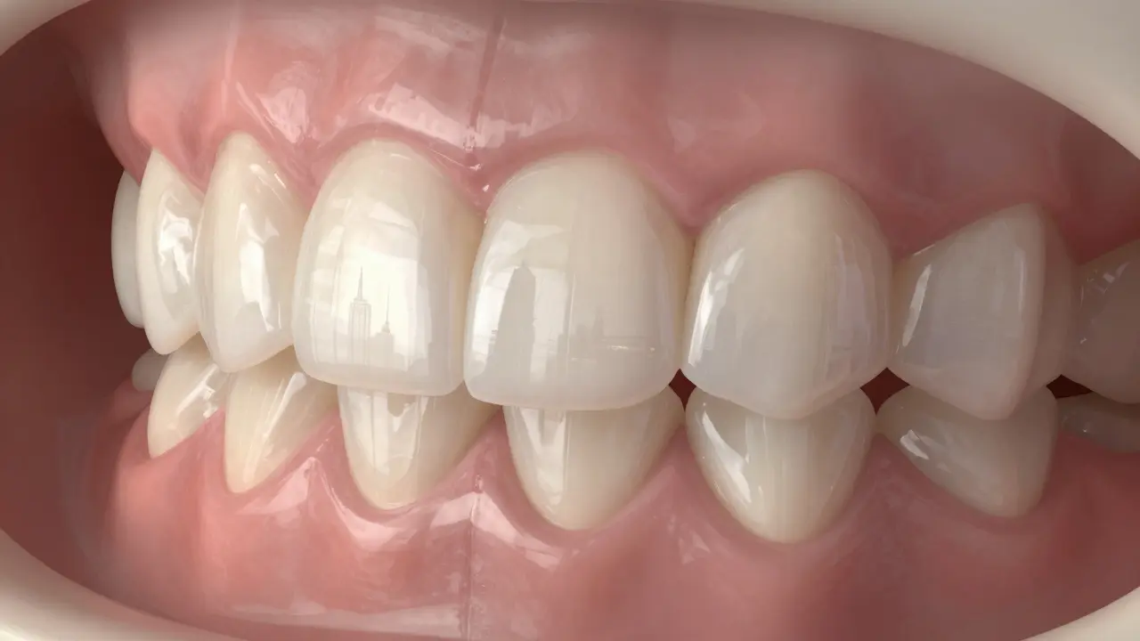 Tlustý pohled na tenké keramické veneers na zubech s přirozeným odrazem světla.