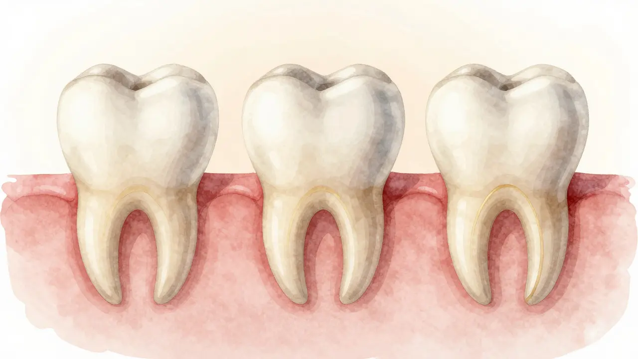 Tři fáze růstu trvalého zubu: prořezání, vývoj kořene a plné zakořenění v čelisti.