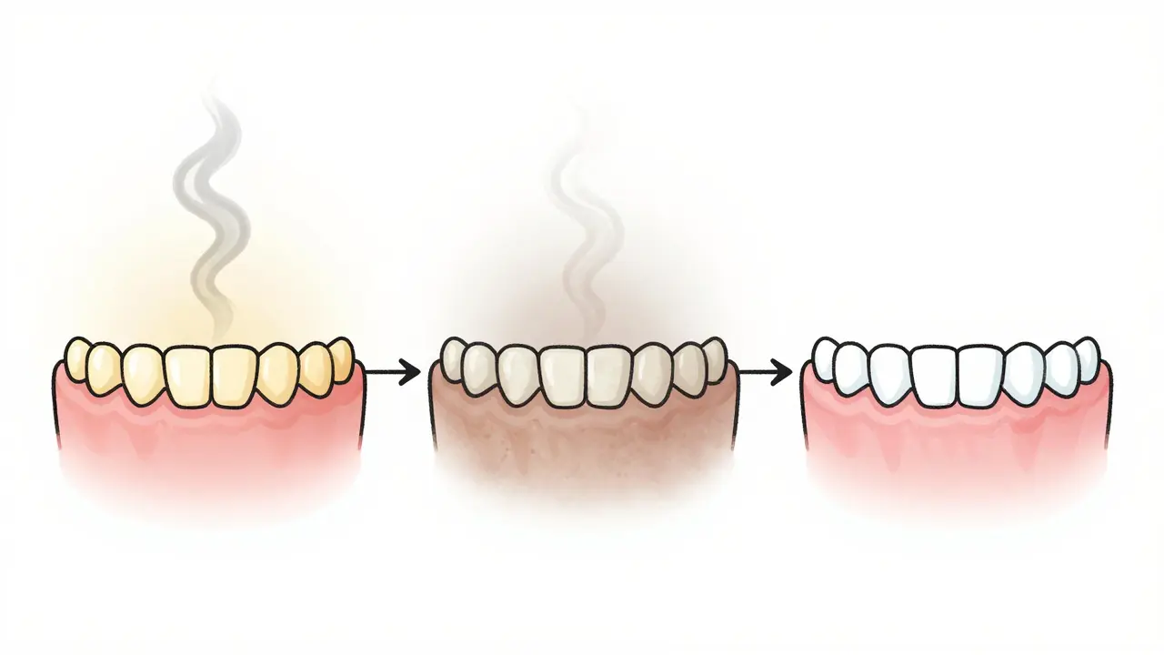 Tři obrazové fáze postupného zjasnění zubů během tří měsíců.