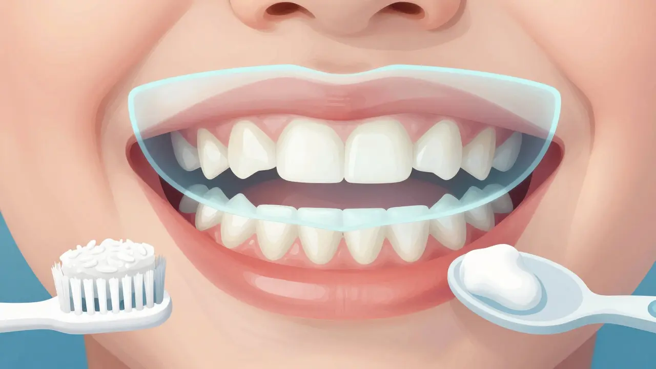 Vnitřní pohled na dětské zuby s trvalými zuby pod nimi a ochranným štítem fluoridu.