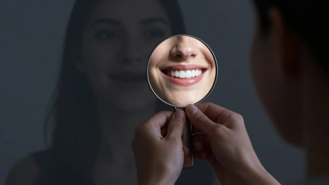 Zrcadlo odráží jasný úsměv, zatímco za ním zůstává stín původních tmavých zubů.