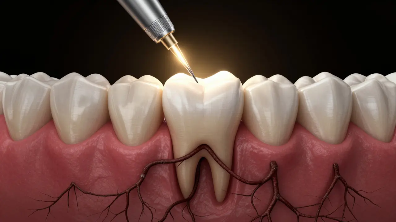 Zub klesající do ustupujících dásní, zatímco světlo z dentálního nástroje proniká temnotou.