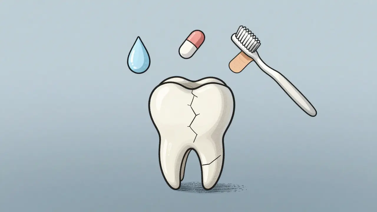 Zub s viditelnými trhlinami a vystaveným kořenem, obklopený symboly léčby: led, lék, vosk a kartáček.
